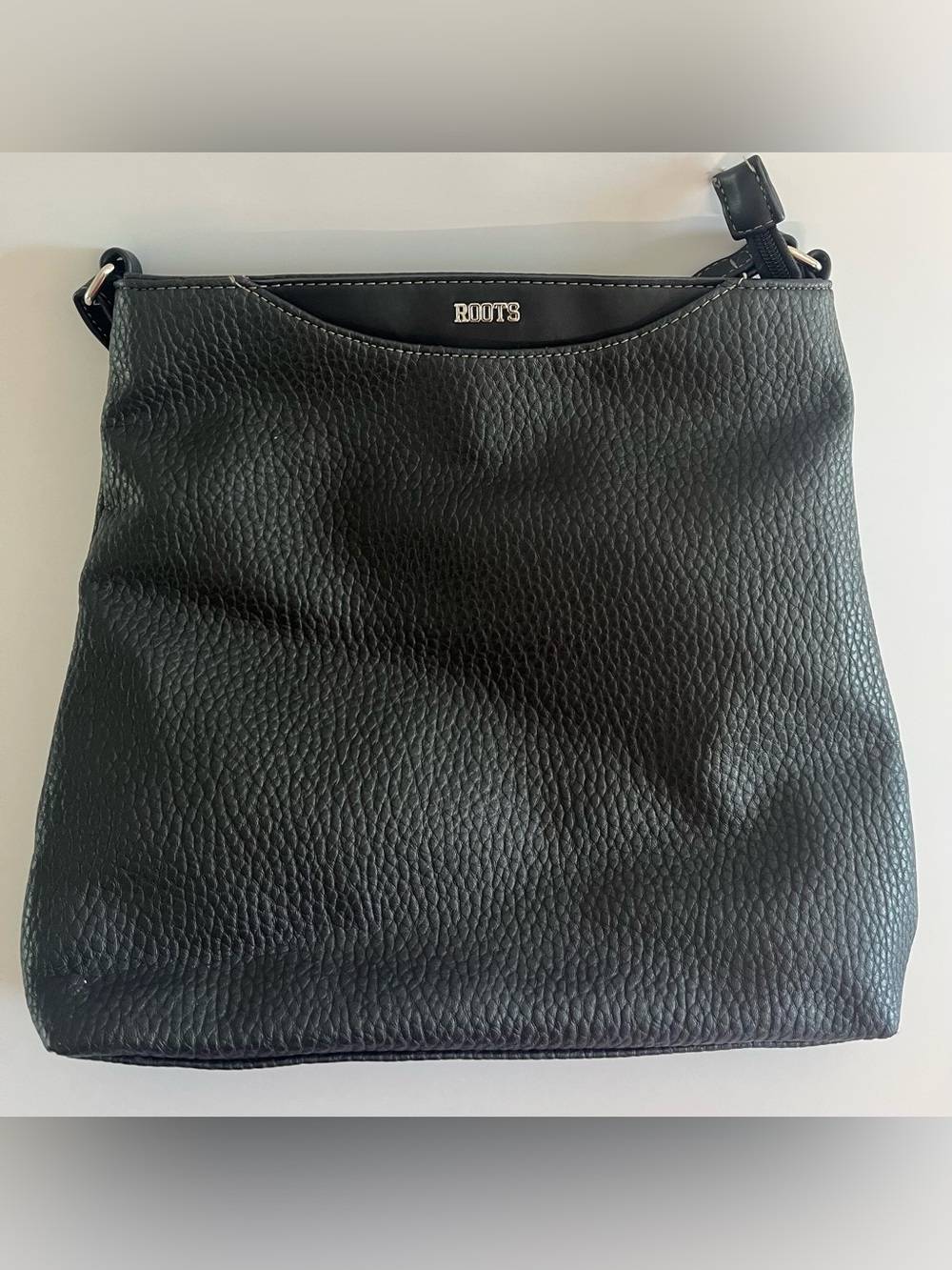 ROOTS Black Pebbled Vegan Leather Crossbody Bag | Minimalist Purse